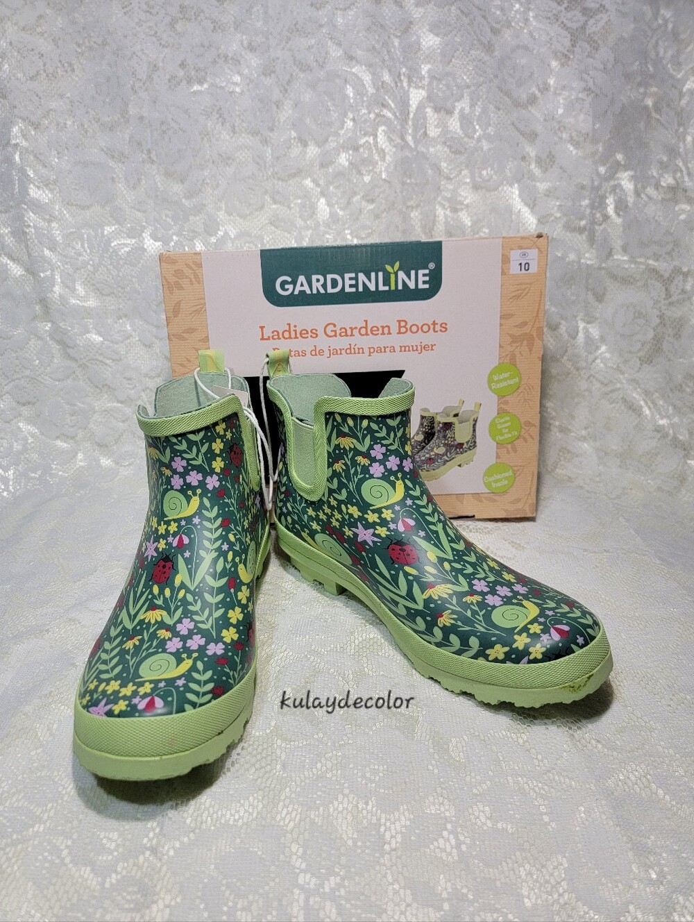 Gardenline Ladies Floral Garden Waterproof Rain Green Boots Gardening Shoes NIB